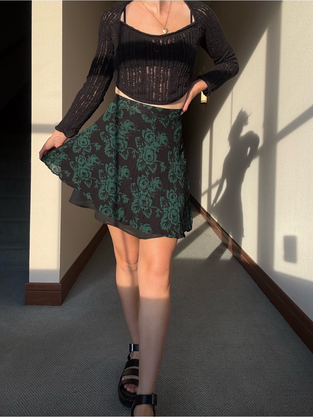 GAP Black Mini Skater Skirt with Dark Green Floral Print